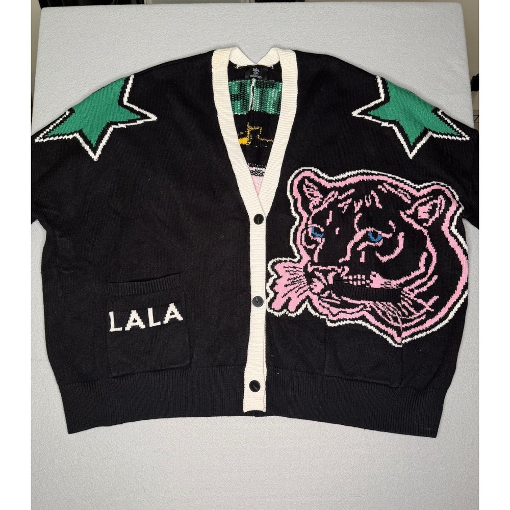 Dressed in LALA Mother Tiger Graphic Knit Cardigan Sweater Black Pink Size L/XL